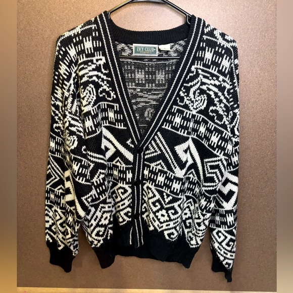 Vintage Ivy Club Black White Geometric Cardigan Sweater Made in Korea (M) - Picture 1 of 3